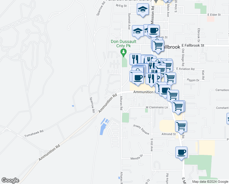 map of restaurants, bars, coffee shops, grocery stores, and more near 505 Ammunition Road in Fallbrook