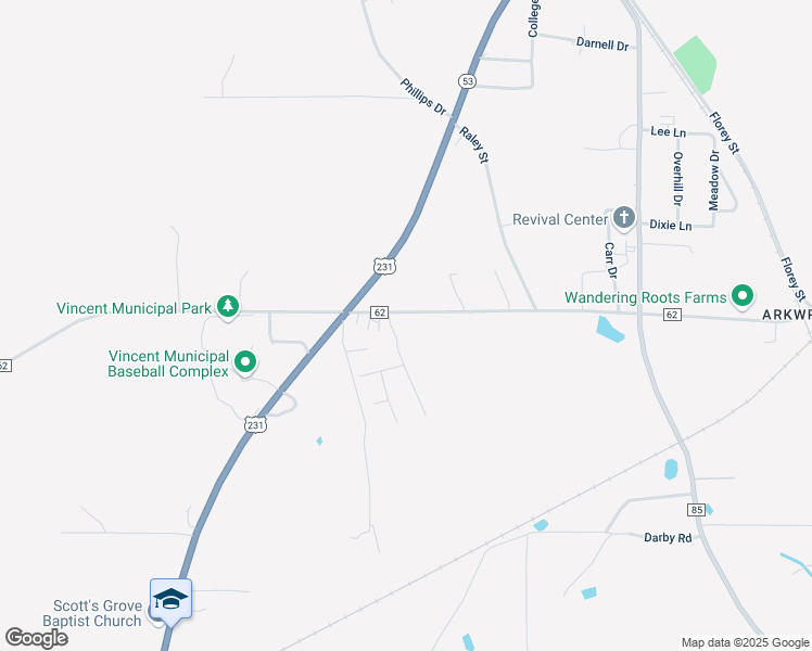 map of restaurants, bars, coffee shops, grocery stores, and more near 8101 County Road 62 in Vincent