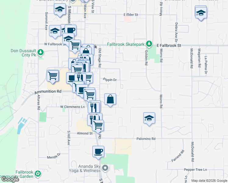 map of restaurants, bars, coffee shops, grocery stores, and more near 1173 Senwood Way in Fallbrook