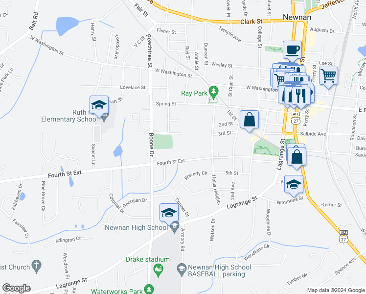 map of restaurants, bars, coffee shops, grocery stores, and more near 73 4th Street in Newnan