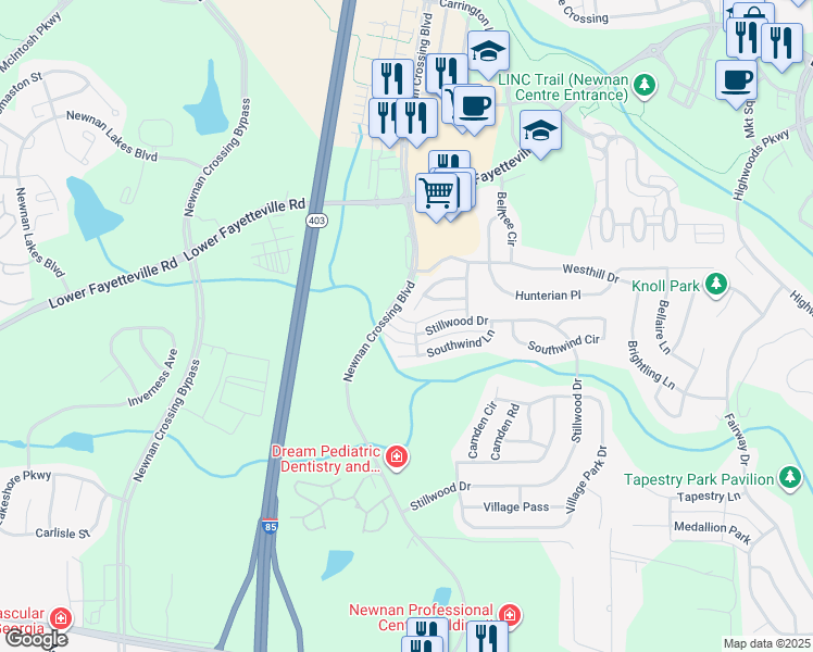 map of restaurants, bars, coffee shops, grocery stores, and more near 118 Stillwood Drive in Newnan