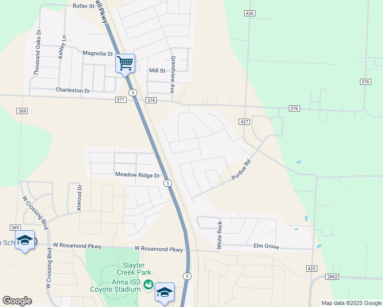 map of restaurants, bars, coffee shops, grocery stores, and more near 214 Woodland Street in Anna