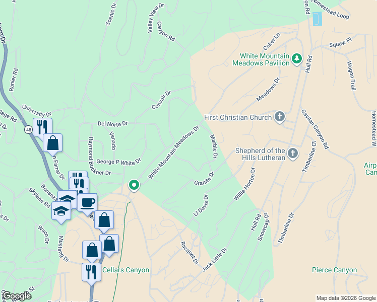 map of restaurants, bars, coffee shops, grocery stores, and more near 101-111 Marble Drive in Ruidoso