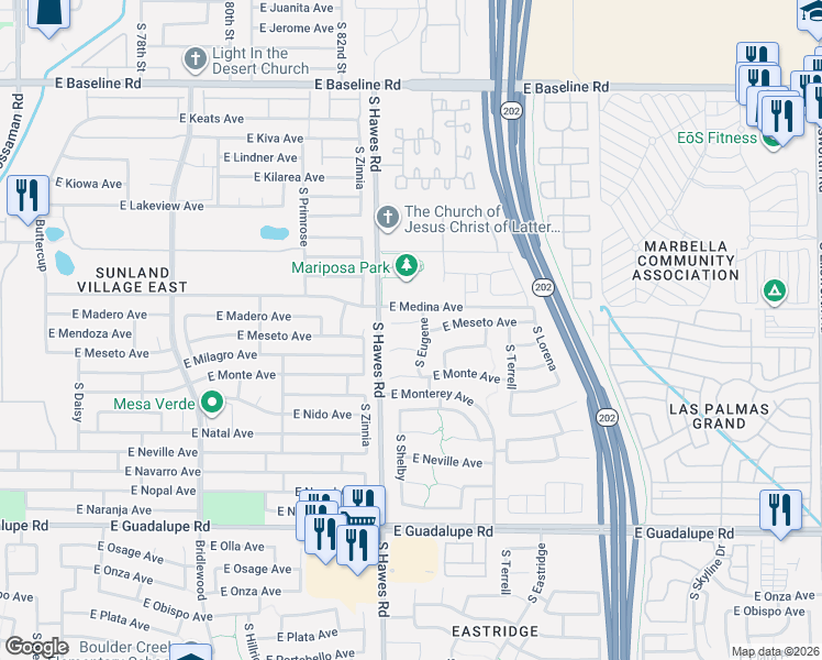 map of restaurants, bars, coffee shops, grocery stores, and more near 8431 East Milagro Circle in Mesa