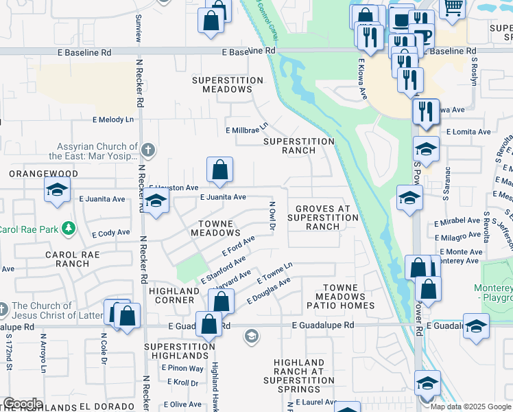 map of restaurants, bars, coffee shops, grocery stores, and more near 4338 East San Remo Avenue in Gilbert