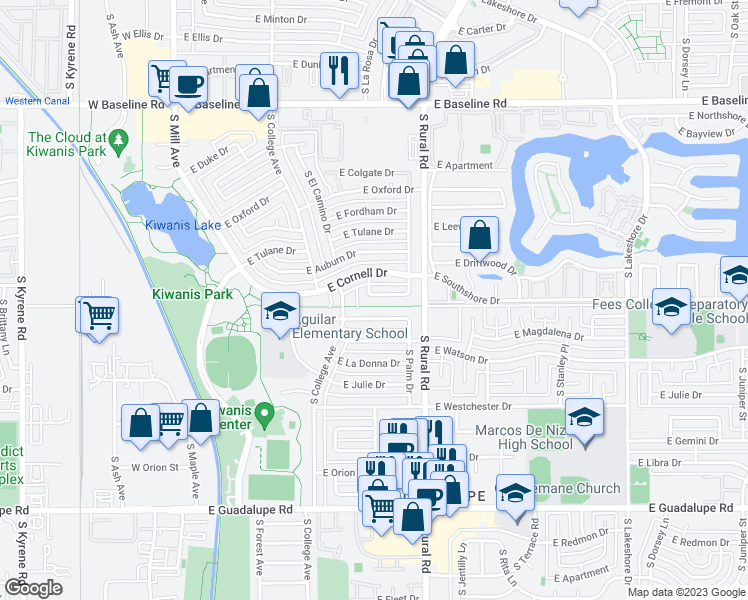 map of restaurants, bars, coffee shops, grocery stores, and more near 415 East Sesame Street in Tempe