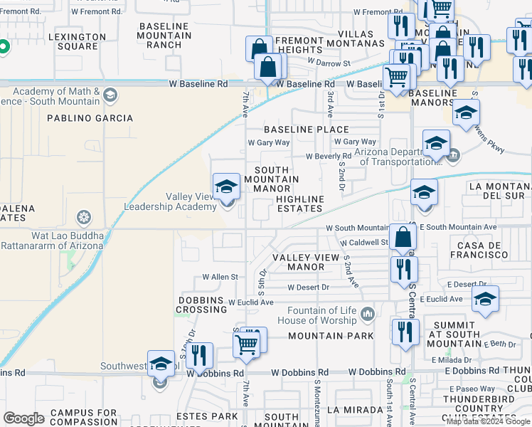 map of restaurants, bars, coffee shops, grocery stores, and more near 601 West South Mountain Avenue in Phoenix