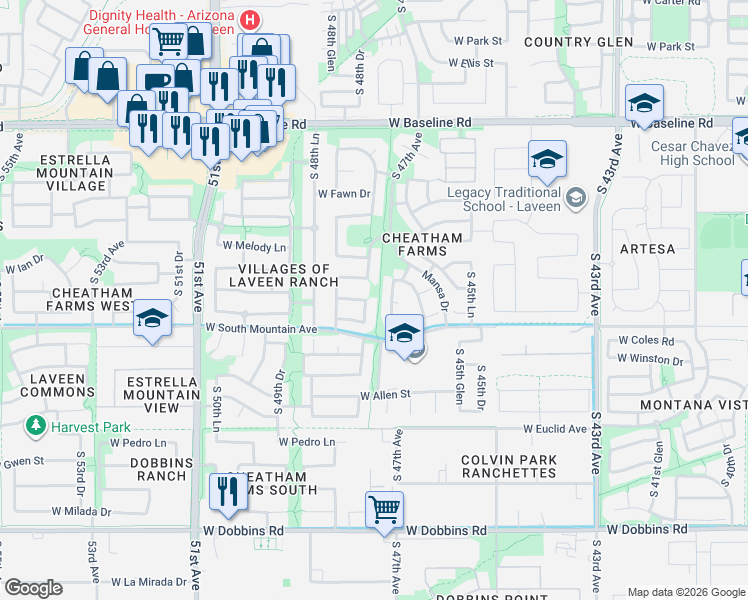 map of restaurants, bars, coffee shops, grocery stores, and more near 8324 South 47th Avenue in Phoenix
