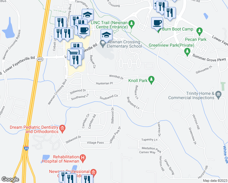 map of restaurants, bars, coffee shops, grocery stores, and more near 190 Southwind Circle in Newnan