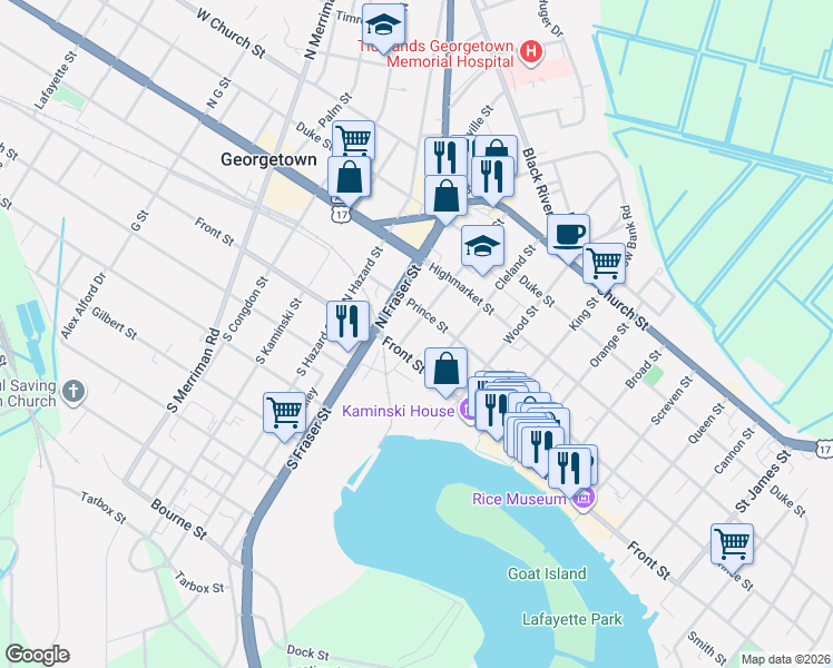 map of restaurants, bars, coffee shops, grocery stores, and more near 113 Cleland Street in Georgetown