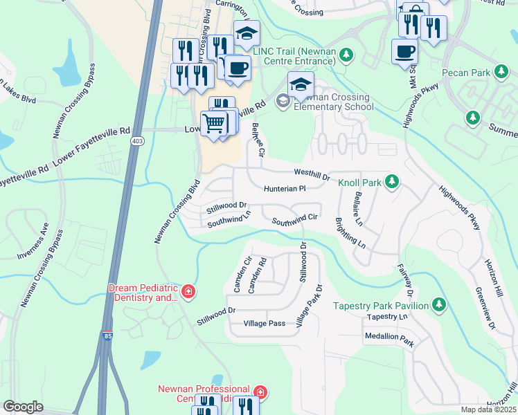 map of restaurants, bars, coffee shops, grocery stores, and more near 3 Southwind Circle in Newnan