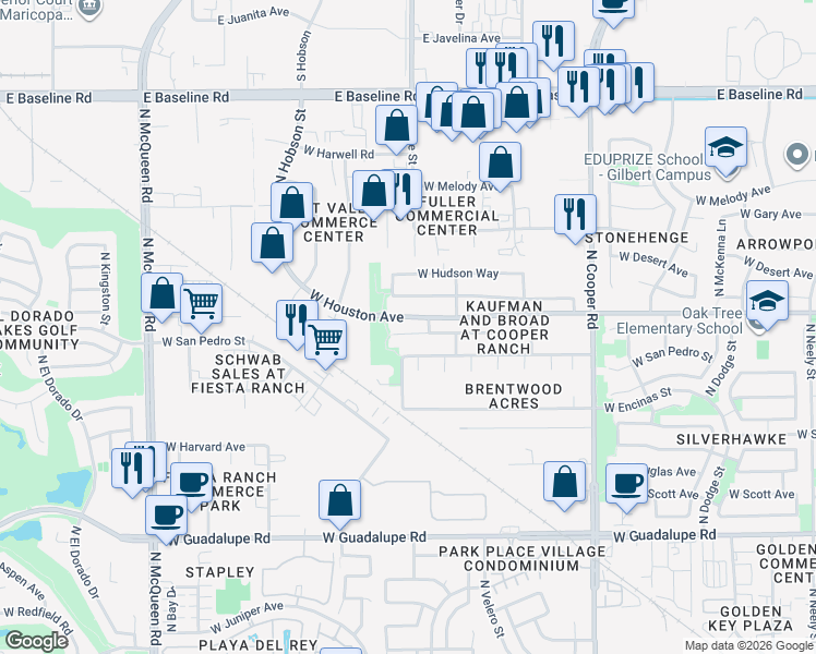 map of restaurants, bars, coffee shops, grocery stores, and more near 1068 West Cooley Drive in Gilbert