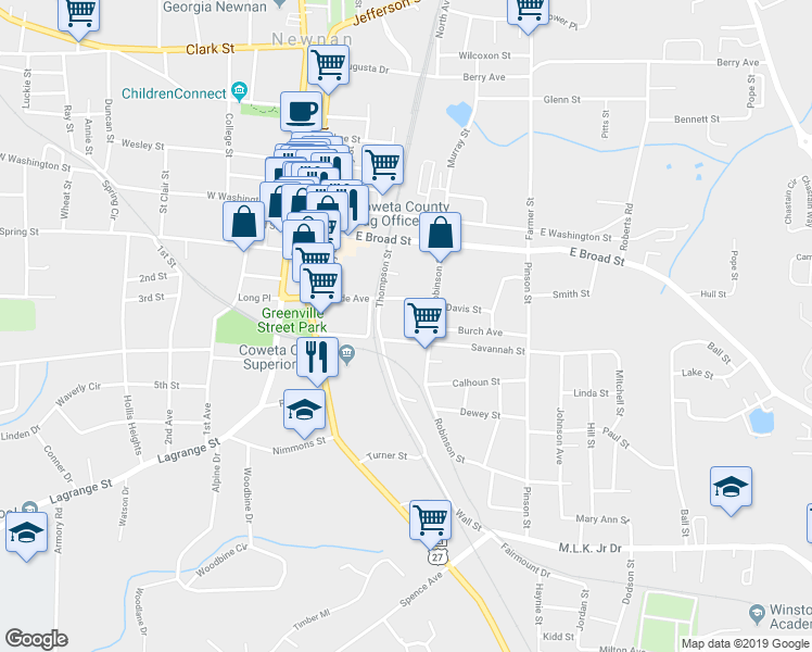 map of restaurants, bars, coffee shops, grocery stores, and more near 8 Salbide Avenue in Newnan