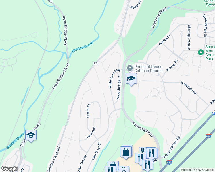 map of restaurants, bars, coffee shops, grocery stores, and more near 553 White Stone Way in Birmingham