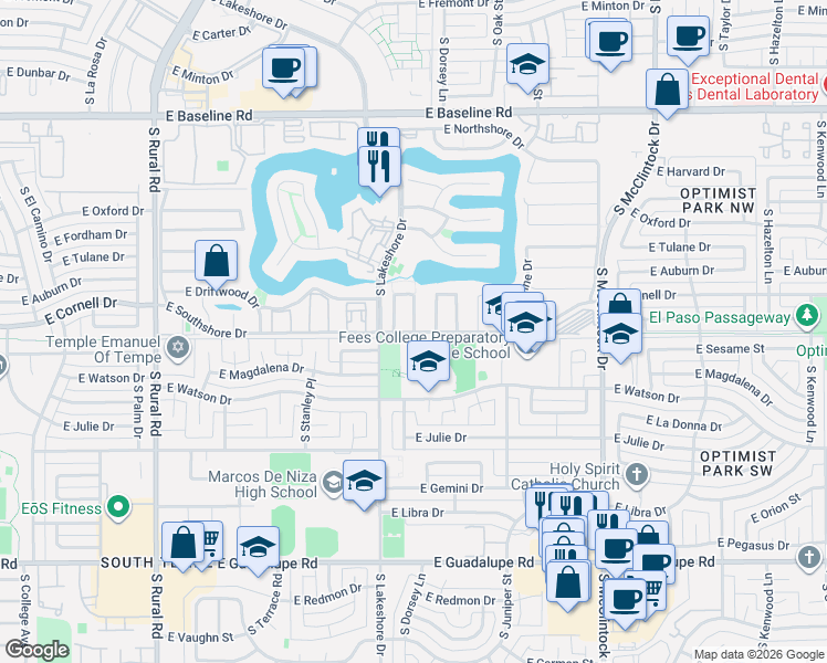 map of restaurants, bars, coffee shops, grocery stores, and more near 1269 East South Shore Drive in Tempe
