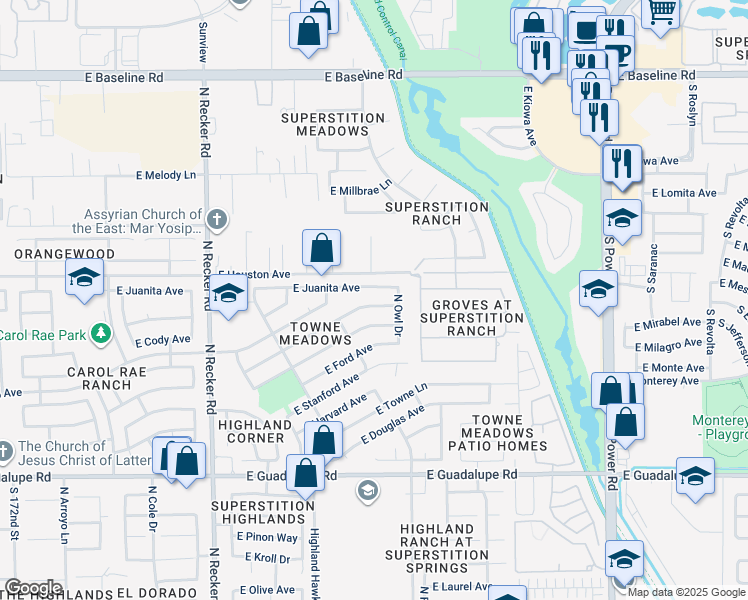 map of restaurants, bars, coffee shops, grocery stores, and more near 4338 East San Remo Avenue in Gilbert