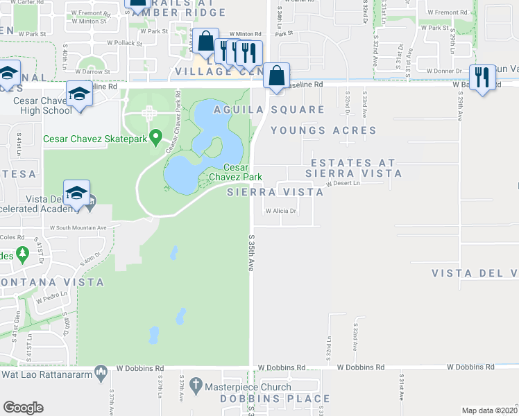 map of restaurants, bars, coffee shops, grocery stores, and more near 8222 South 34th Lane in Phoenix