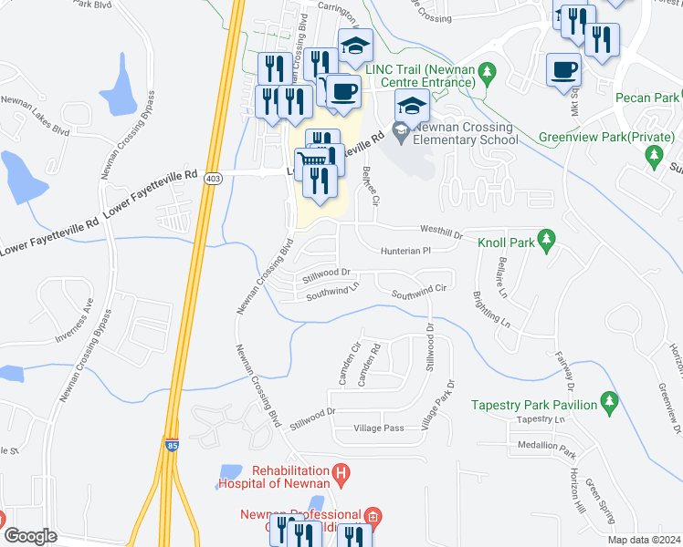 map of restaurants, bars, coffee shops, grocery stores, and more near 211 Stillwood Drive in Newnan