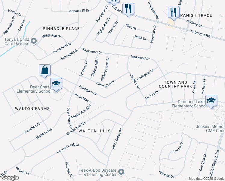 map of restaurants, bars, coffee shops, grocery stores, and more near 2618 Carrington Drive in Hephzibah