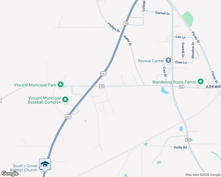 map of restaurants, bars, coffee shops, grocery stores, and more near 8101 County Road 62 in Vincent