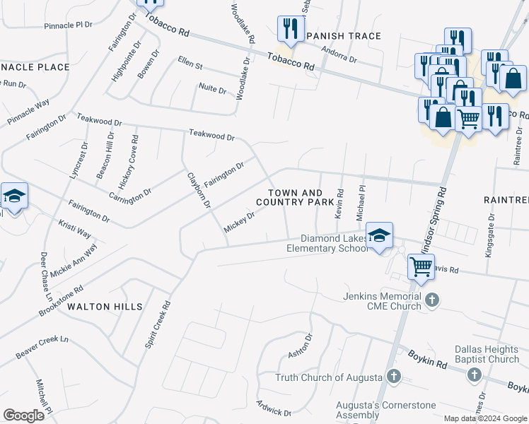 map of restaurants, bars, coffee shops, grocery stores, and more near 2508 Mickey Drive in Hephzibah