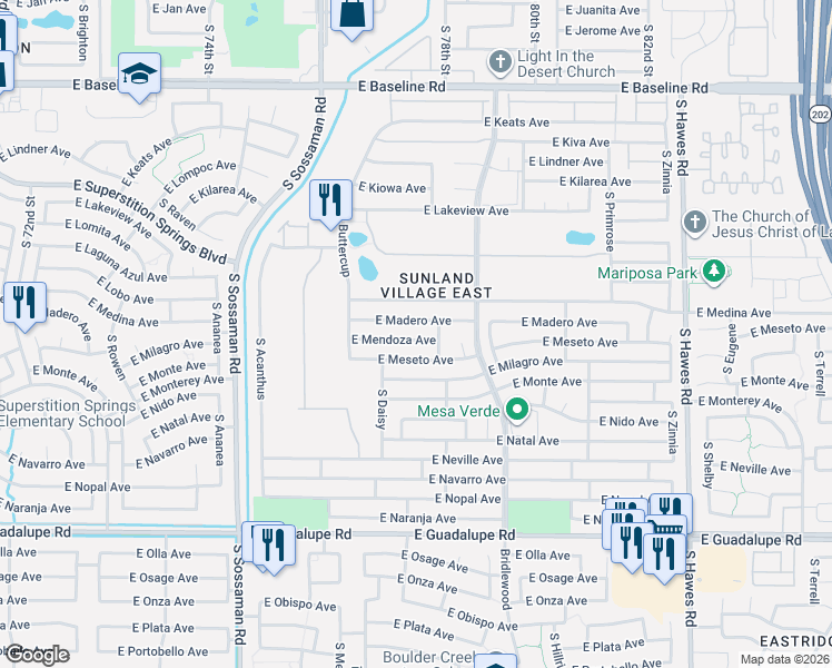 map of restaurants, bars, coffee shops, grocery stores, and more near 7852 East Madero Avenue in Mesa