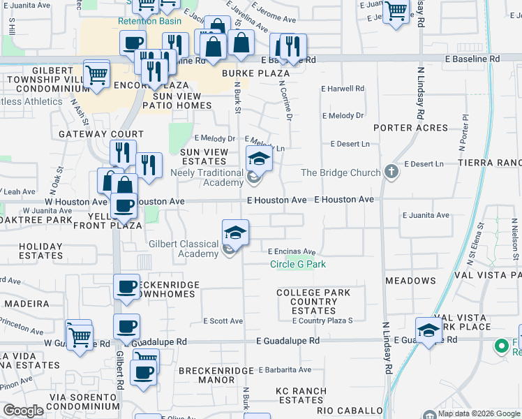 map of restaurants, bars, coffee shops, grocery stores, and more near 500 East Houston Avenue in Gilbert
