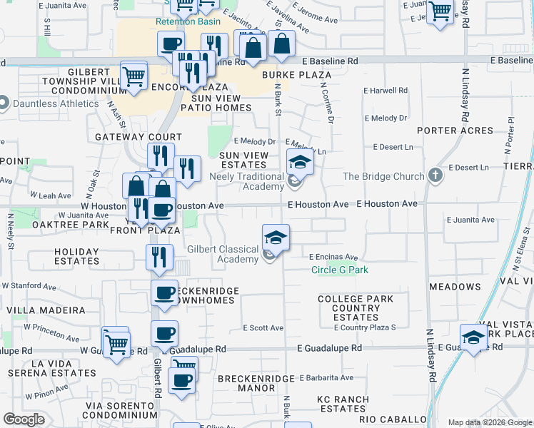 map of restaurants, bars, coffee shops, grocery stores, and more near 332 East Houston Avenue in Gilbert