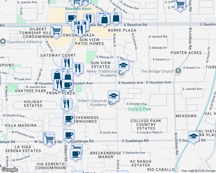 map of restaurants, bars, coffee shops, grocery stores, and more near 332 E Houston Ave in Gilbert