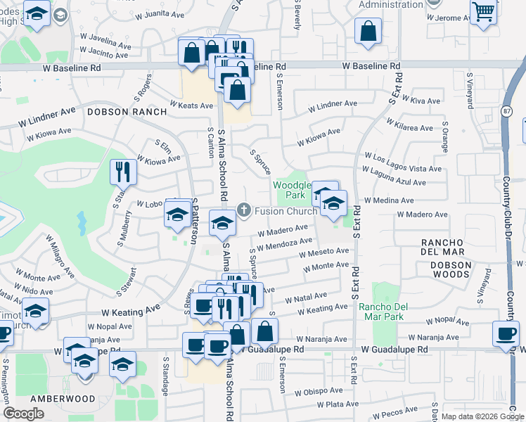 map of restaurants, bars, coffee shops, grocery stores, and more near 2355 South Spruce in Mesa
