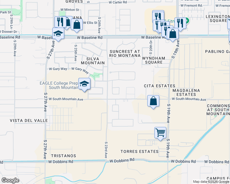 map of restaurants, bars, coffee shops, grocery stores, and more near 8214 South 22nd Lane in Phoenix