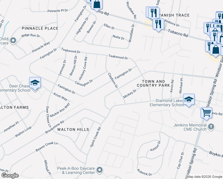 map of restaurants, bars, coffee shops, grocery stores, and more near 3869 Fairington Drive in Hephzibah