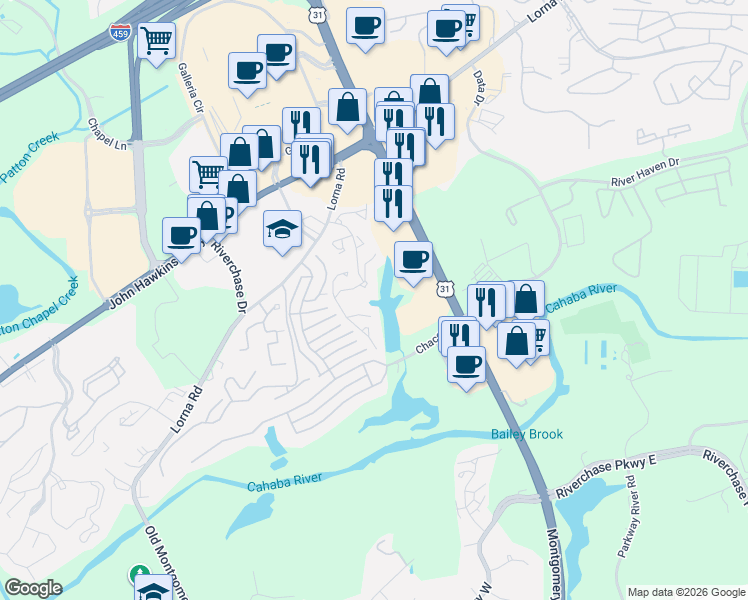 map of restaurants, bars, coffee shops, grocery stores, and more near 2500 Chace Lake Drive in Hoover