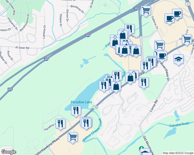 map of restaurants, bars, coffee shops, grocery stores, and more near Paradise Acres in Bibb County