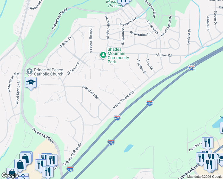 map of restaurants, bars, coffee shops, grocery stores, and more near 3551 Deerfield Drive in Birmingham