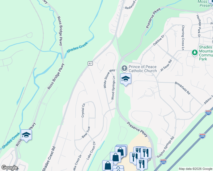 map of restaurants, bars, coffee shops, grocery stores, and more near 541 White Stone Way in Birmingham