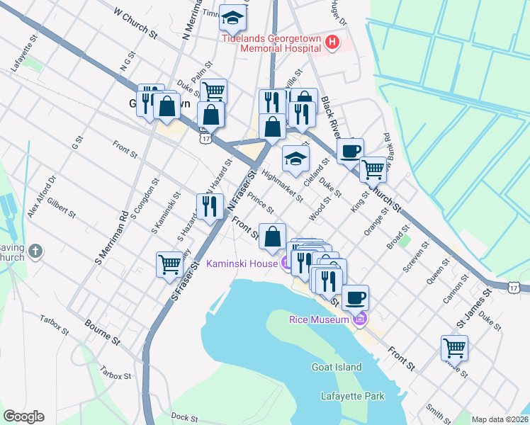 map of restaurants, bars, coffee shops, grocery stores, and more near 209 Dozier Street in Georgetown
