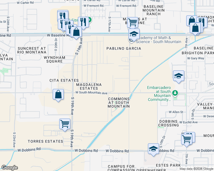 map of restaurants, bars, coffee shops, grocery stores, and more near 1650 West South Mountain Avenue in Phoenix