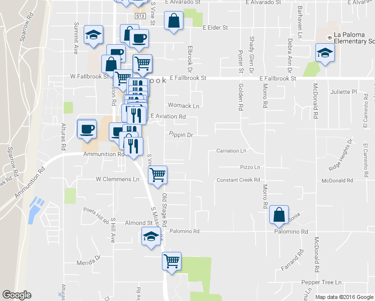 map of restaurants, bars, coffee shops, grocery stores, and more near 1161 Senwood Way in Fallbrook