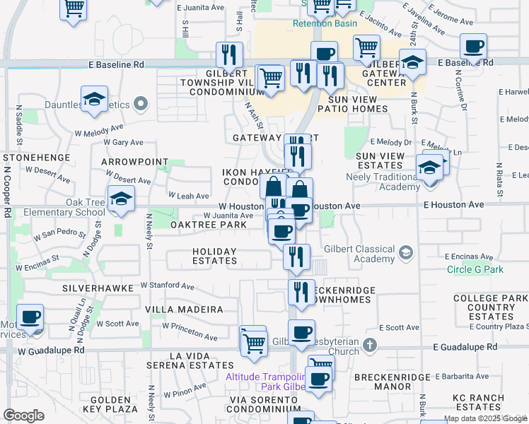 map of restaurants, bars, coffee shops, grocery stores, and more near 5 West Houston Avenue in Gilbert
