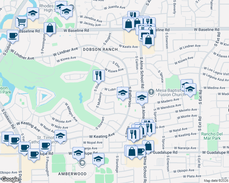 map of restaurants, bars, coffee shops, grocery stores, and more near 1351 West Laguna Azul Avenue in Mesa