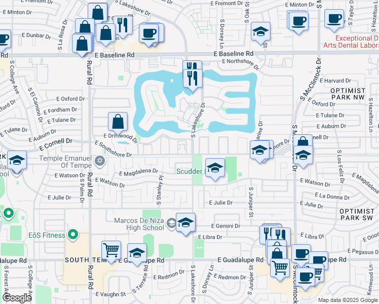 map of restaurants, bars, coffee shops, grocery stores, and more near 5616 South Jolly Roger Road in Tempe