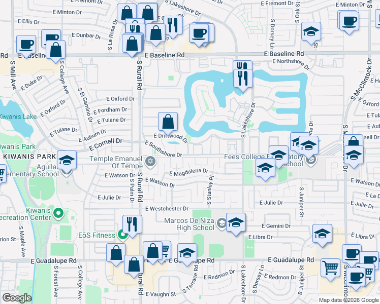 map of restaurants, bars, coffee shops, grocery stores, and more near 1012 East Driftwood Drive in Tempe