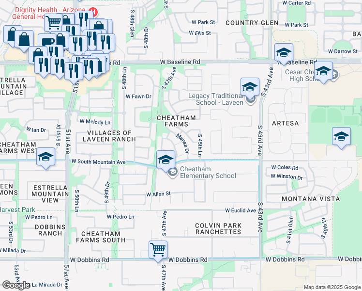 map of restaurants, bars, coffee shops, grocery stores, and more near 4605 West Alicia Drive in Phoenix