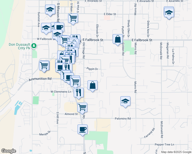 map of restaurants, bars, coffee shops, grocery stores, and more near 1161 Senwood Way in Fallbrook
