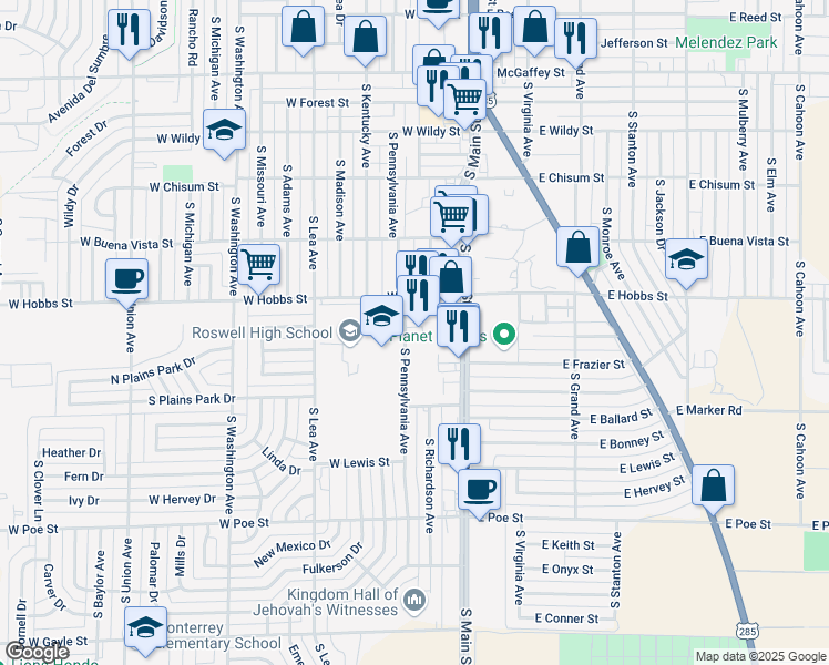 map of restaurants, bars, coffee shops, grocery stores, and more near 200 W Hobbs St in Roswell