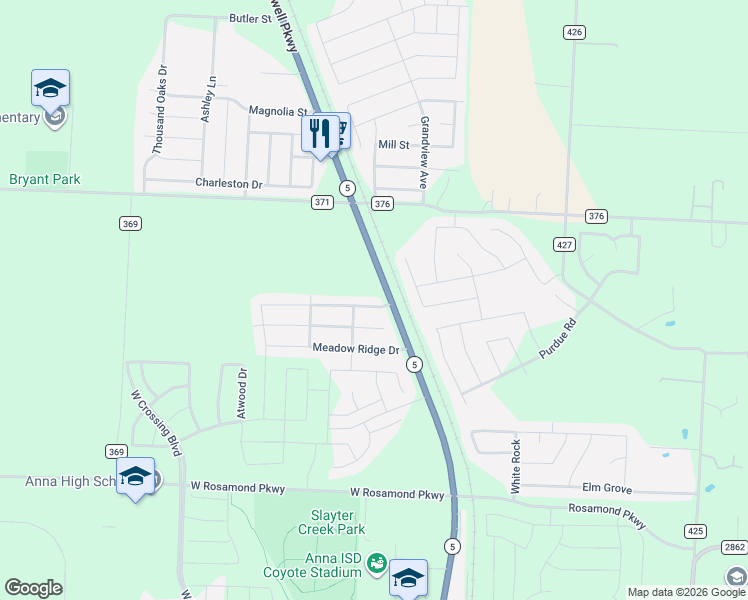 map of restaurants, bars, coffee shops, grocery stores, and more near 100 Meadow View Lane in Anna