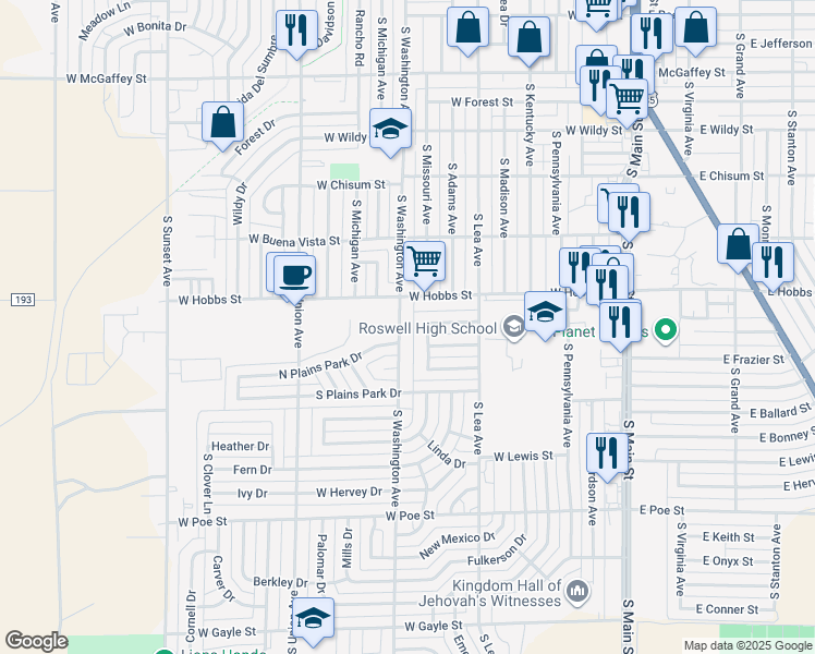 map of restaurants, bars, coffee shops, grocery stores, and more near 1709 South Washington Avenue in Roswell