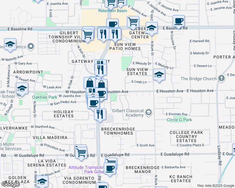 map of restaurants, bars, coffee shops, grocery stores, and more near 1225 North Gilbert Road in Gilbert