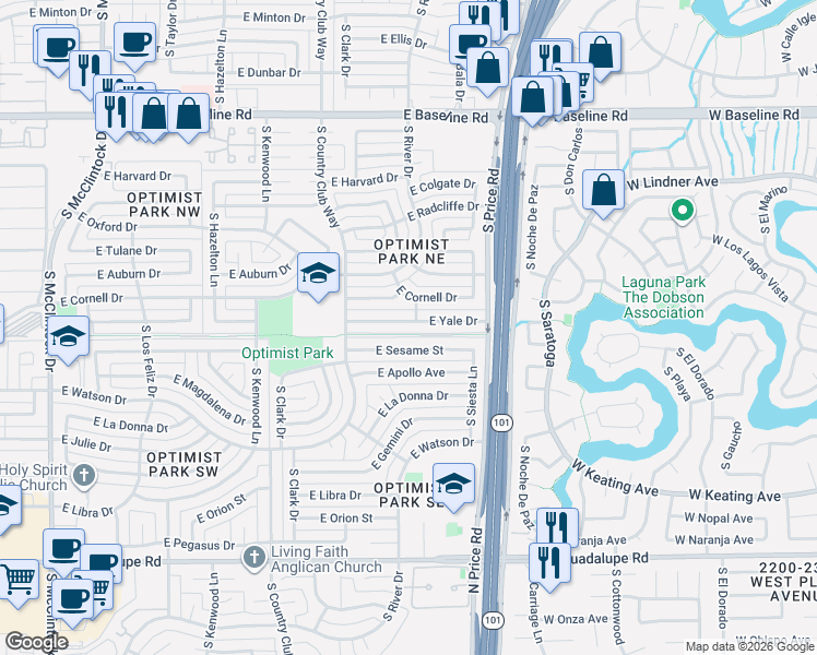 map of restaurants, bars, coffee shops, grocery stores, and more near 2070 East Yale Drive in Tempe